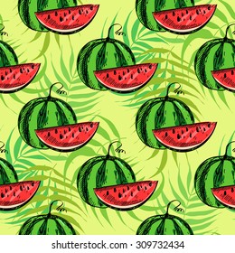Vector seamless summer pattern round green melon and ripe watermelon in a cut with palm leaves.