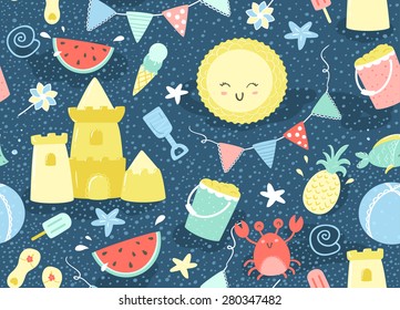 Vector Seamless Summer Pattern with Sandcastles, Fruits, Animals and Sun