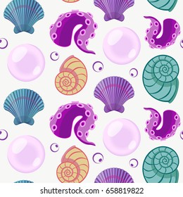 Vector seamless summer pattern with sea elements: shells, pearls and bubbles.