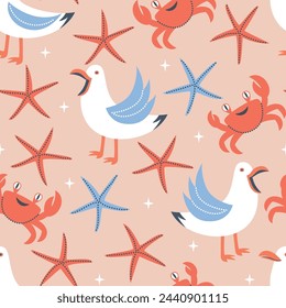 Vector seamless summer pattern with seagulls, crab and starfish
