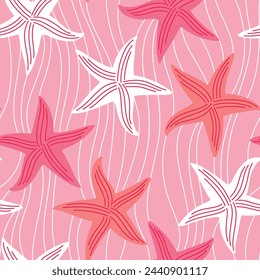 Vector seamless summer pattern with starfish on pink background