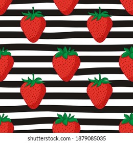 Vector seamless summer pattern with strawberries on black and white striped background.