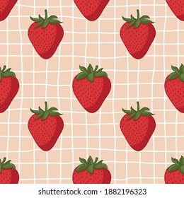 Vector seamless summer pattern with strawberries on retro geometry background.