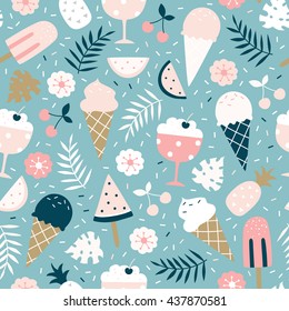 Vector seamless summer pattern, sweet desserts, ice cream, popsicle, pineapple, watermelon, cherries, tropical leaves