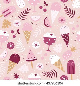 Vector seamless summer pattern, sweet desserts, ice cream, popsicle, pineapple, watermelon, cherries, tropical leaves