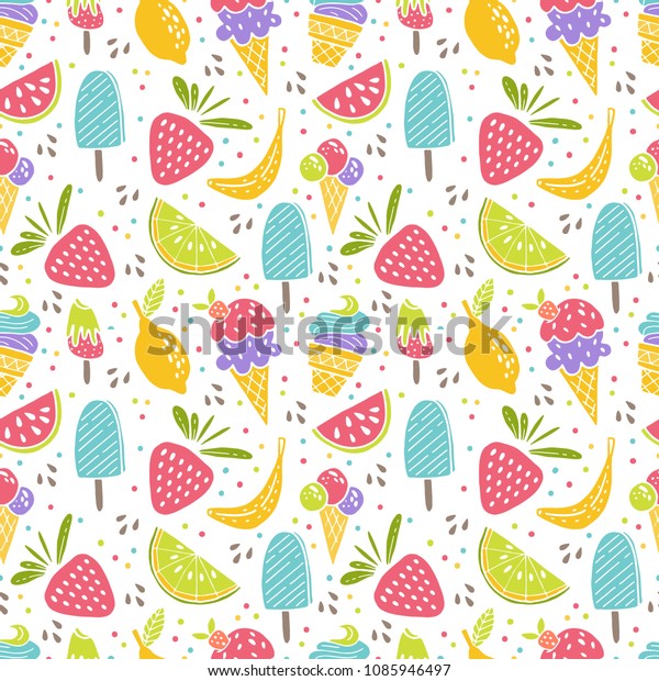 ベクター画像のシームレスな夏の模様 甘いデザート アイスクリーム フルーツ 壁紙 表面デザイン 繊維 印刷に最適 のベクター画像素材 ロイヤリティ フリー