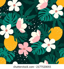 vector seamless summer pattern with tropical leaves, flowers and oranges