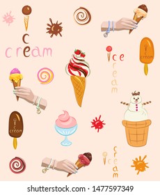 Vector seamless summer pattern with a variety of ice cream in a waffle cone, a waffle cup in the form of a snowman, popsicle, in a vase, in hands, with blots, inscriptions for  textiles, dishes