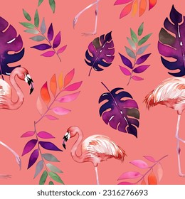 Vector seamless summer pattern in a watercolor style with exotic pink flamingos and tropical leaves.