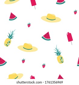 Vector seamless summer pattern with yellow hats, watermelon, strawberries and red ice cream. White background