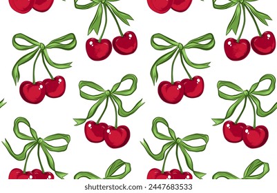 Vector seamless summer print. Juicy red berries and fashionable satin ribbon bows. Green bows and red berries on a white background. Trendy fashion pattern.