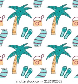 Vector seamless summer sea pattern with cute illustrations: palm, camera, flip flops, towel. Illustration for wallpaper, fabric, textile, background.