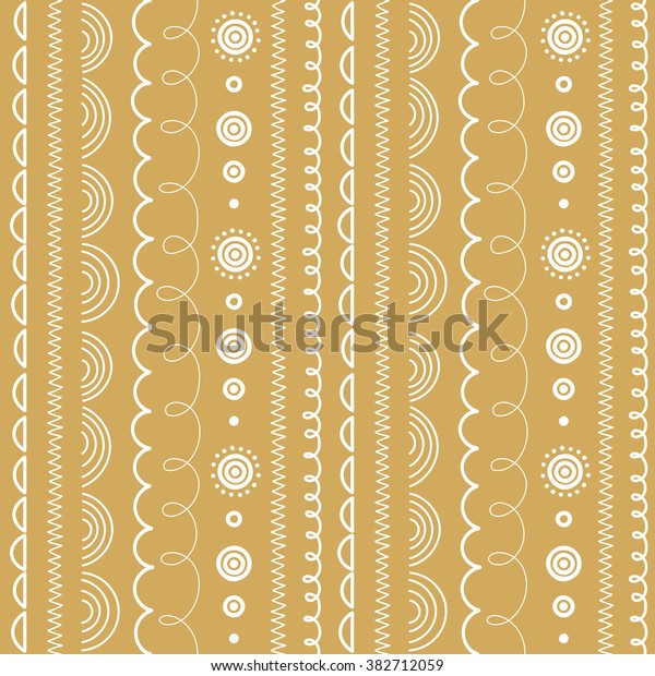 Vector seamless summer\
spring white and golden doodle pattern. Brush lines, ribbons and\
borders set.