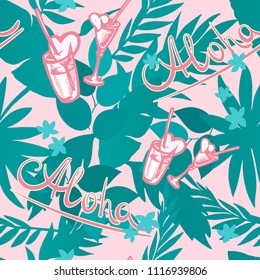 Vector seamless summer tropical background with exotic palm leaves, plants, cocktails, hearts with a inscription - Aloha. Vector floral background