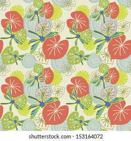 Vector seamless summery pattern. Color simple background with dragonflies, pond, leaves, algae, circles on water. Abstract cute decorative ornamental illustration of water surface for print and web