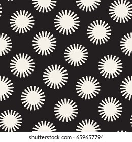 Vector seamless sunburst shapes freehand pattern. Abstract background with round brush strokes. Monochrome hand drawn texture