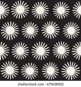 Vector seamless sunburst shapes freehand pattern. Abstract background with round brush strokes. Monochrome hand drawn texture