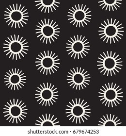 Vector seamless sunburst shapes freehand pattern. Abstract background with round brush strokes. Monochrome hand drawn texture