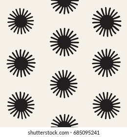 Vector seamless sunburst shapes freehand pattern. Abstract background with round brush strokes. Monochrome hand drawn texture