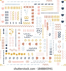 Vector seamless surface pattern design Childish background Trendy customized color Childhood hipster Boho theme Scandinavian style geometric abstract pattern For printing on paper and fabric
