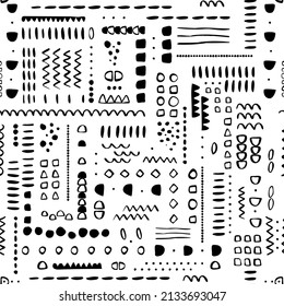 Vector seamless surface pattern design Childish background Childhood hipster Scandinavian Boho style geometric abstract pattern For printing on paper and fabric Black isolated on white background
