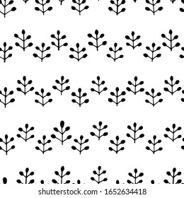 Vector seamless surface pattern. Many leaves, branches, dots, triangles. Floral spring design for printing on paper, fabric. Black and white. Natural background for social media blog post, banner
