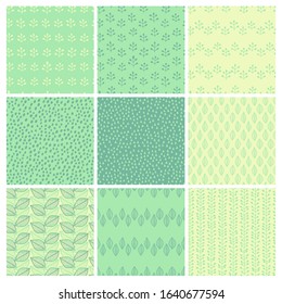 Vector seamless surface pattern pack. Many leaves, branches, herbs, dots, triangles. Floral spring design for printing on paper, fabric, cards. Natural background for social media blog post, banners
