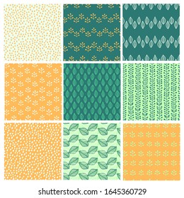 Vector seamless surface pattern pack. Many leaves, branches, herbs, dots, triangles. Floral spring design for printing on paper, fabric, cards. Natural background for social media blog post, banners
