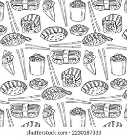 Vector seamless sushi pattern. Hand drawn illustration