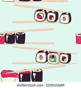 Vector seamless sushi pattern Sushi isolated icons in seamless pattern, vector illustration. Wrapping paper design for Japanese restaurant food delivery packages.
