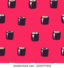 Vector seamless sushi pattern Sushi isolated icons in seamless pattern, vector illustration. Wrapping paper design for Japanese restaurant food delivery packages.