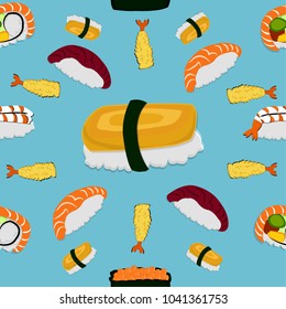 Vector seamless sushi pattern. Japanese food with colorful background.