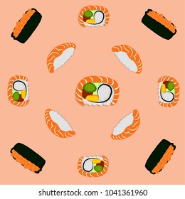 Vector seamless sushi pattern. Japanese food with colorful background.