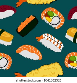 Vector seamless sushi pattern. Japanese food with colorful background.