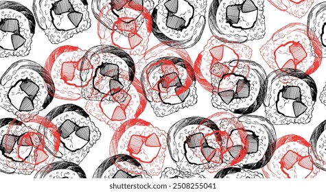 Vector seamless sushi pattern. Vector roll for menu design, business cards, banner. Japanese food. Drawing style, black and red colors.