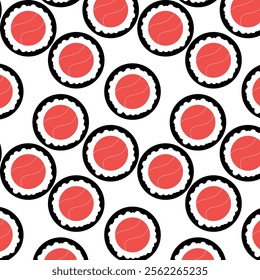 Vector seamless sushi pattern. Vector roll for menu design, business cards, banner. Japanese food. Drawing style, black and red colors.