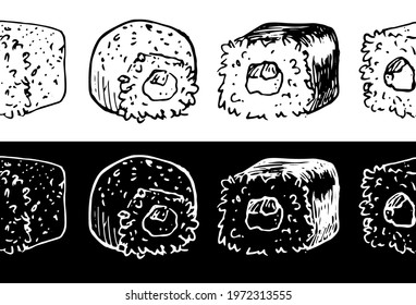 Vector seamless sushi pattern. A set of horizontal seamless hand-drawn ornaments. Japanese sushi rolls with rice filling. Black and white line designs on a white and black background 