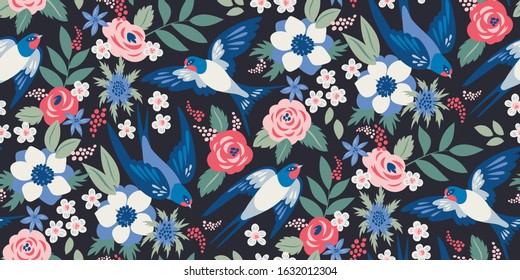 Vector seamless with swallows and flowers: abstract roses and anemones