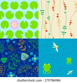 Vector seamless swamp theme patterns. Waterlilies, frogs, dragonflies, berries, flowers.