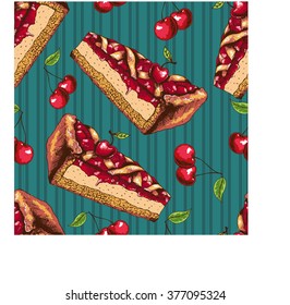 Vector seamless sweet background with piece  of cherry cake and cherry berries. Hand drawn illustration in vintage style on strip background.