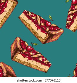 Vector seamless sweet background with piece  of cherry cake and cherry. Hand drawn illustration in vintage style.