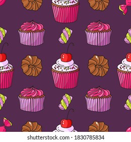Vector seamless sweets pattern on purple background. Cupcakes, chocolate, marshmallows, cherry. Perfect for printing on fabric, paper.