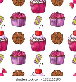 Vector seamless sweets pattern on white background. Cupcakes, chocolate, marshmallows, cherry. Perfect for printing on fabric, paper.