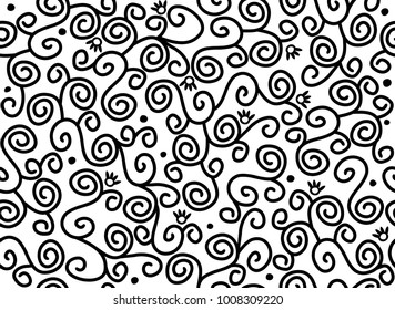 Vector seamless swirl  pattern,  black silhouette isolated.