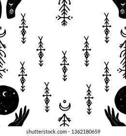 Vector seamless symbol pattern of mystic henna hands and moon. Great for fabric, wrapping paper. Tribal elements, aztec stile, tribal art, ethnic collection, design isolated on white background.