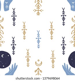 Vector seamless symbol pattern of mystic henna hands and moon. Great for fabric, wrapping paper. Tribal elements, aztec stile, tribal art, ethnic collection, design isolated on white background.