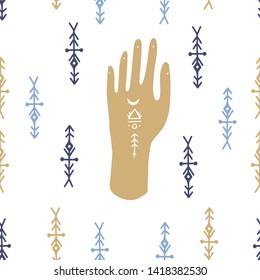Vector seamless symbol pattern of mystic henna mudra hands esoteric. Great for fabric, wrapping paper. Tribal elements, aztec stile, tribal art, ethnic collection, design isolated on white background.