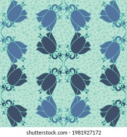 Vector seamless symmetrical artistic floral repeat pattern in lavender and indigo blue shades on a dotted aqua green backdrop