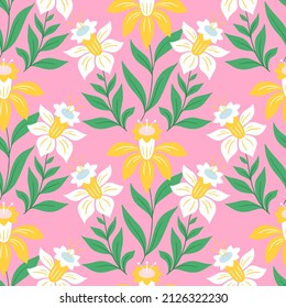 Vector Seamless Symmetrical Daffodils Pattern