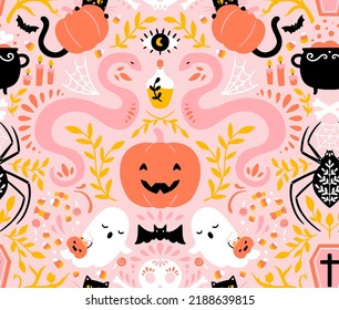 Vector Seamless Symmetrical Halloween Pattern on Pink Background